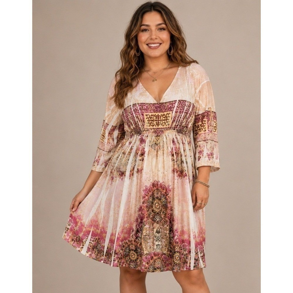 VTG Women Dress Plus 1X Colorful Artsy Rhinestones Babydoll Midi Boho Hippie